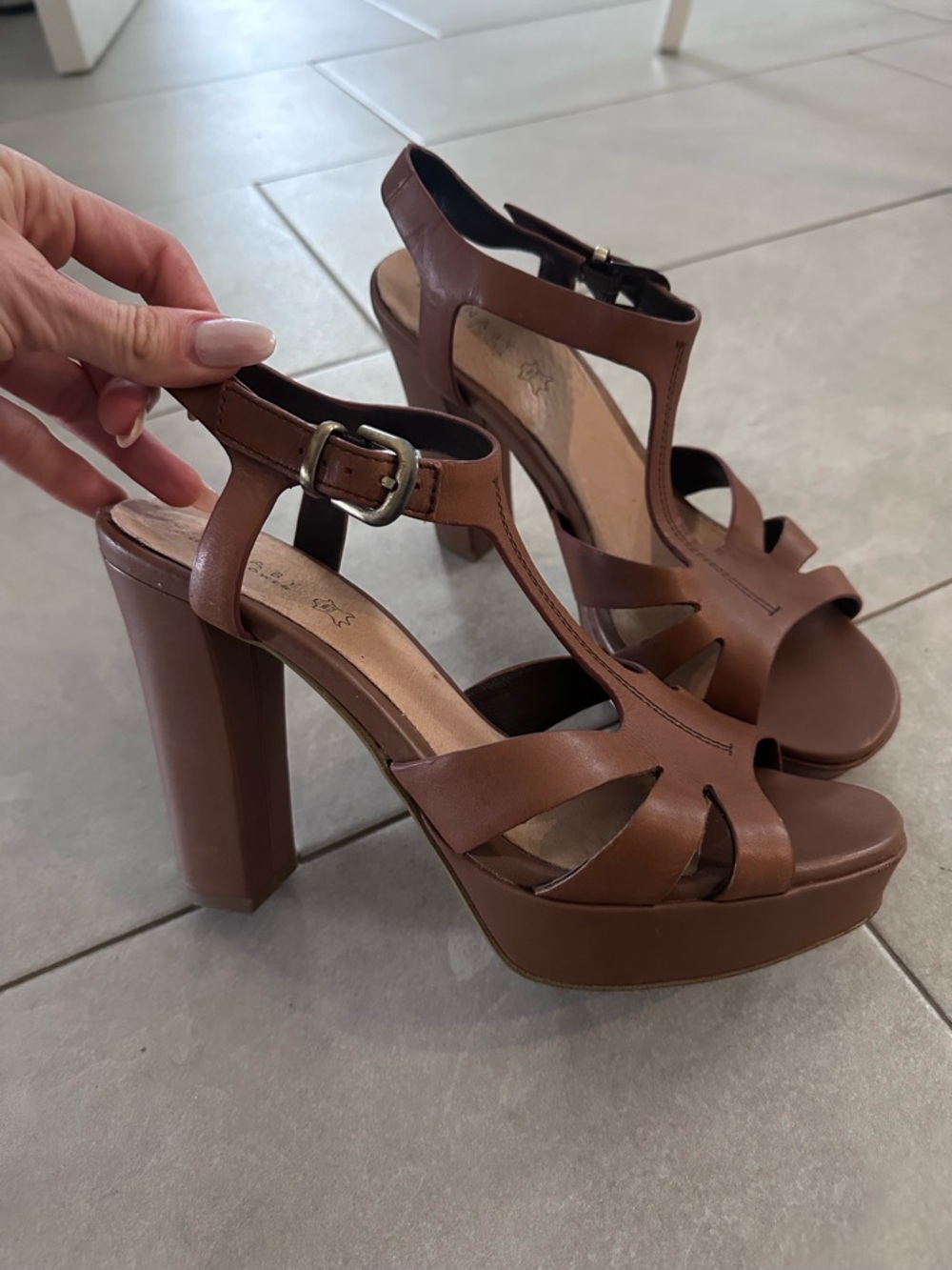 Women's Brown Platform High Block Heel Sandals with Buckle Strap